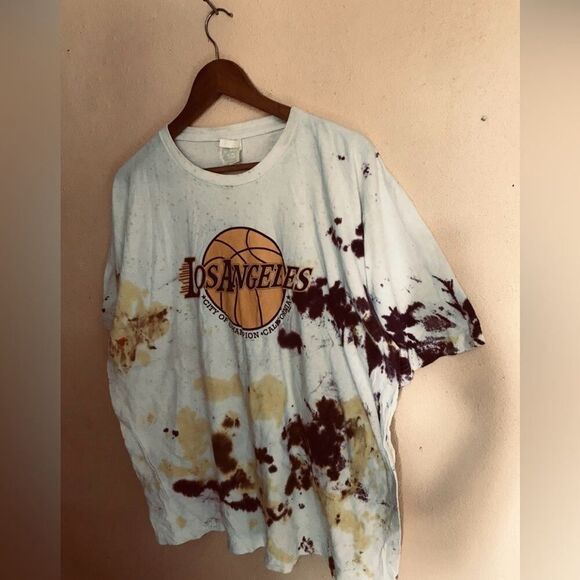 Vintage Lakers Tie Dye Shirt - L - Cotton Y2K Short Sleeve Shirt - Yellow White - Picture 2 of 4